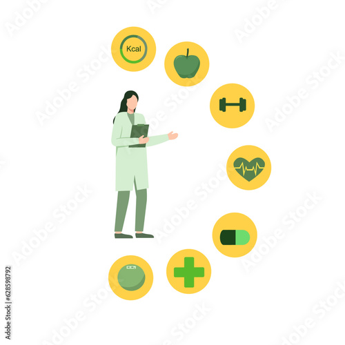 Flat vector illustration Diet consultation, nutrition plan and weight loss concept. Female nutritionist doctor with measuring tape, surrounding with health icons on white background with copy space.