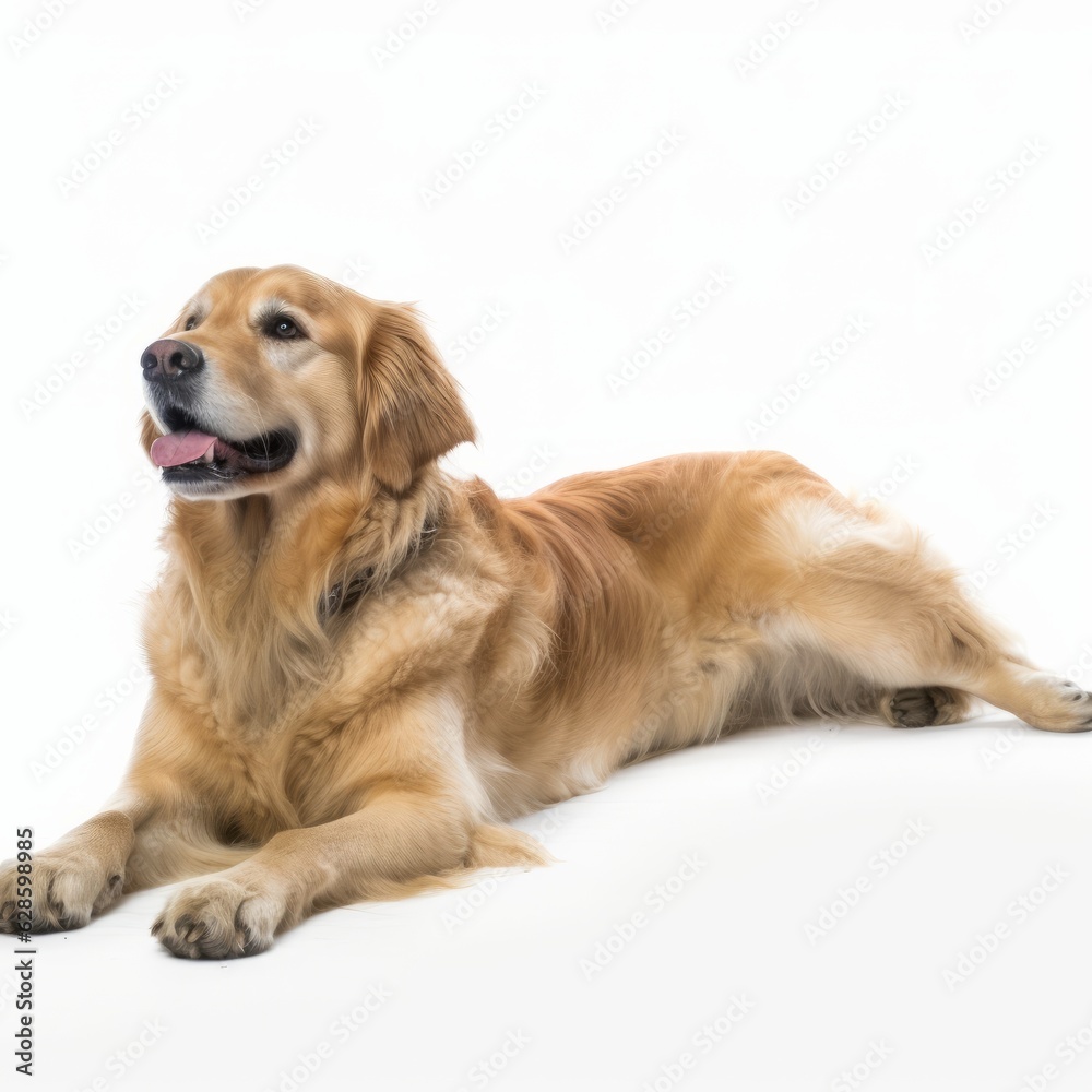 a golden retriever dog laying down on a white background a golden retriever dog laying down on a white background