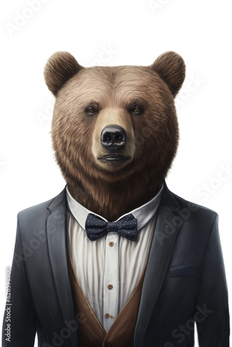Bear dressed in formal business suit on transparent background