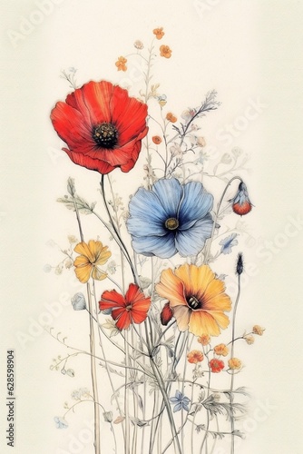 Colorful watercolor wild flowers on white background