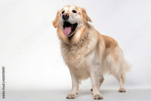 a golden retriever dog is standing on a white background