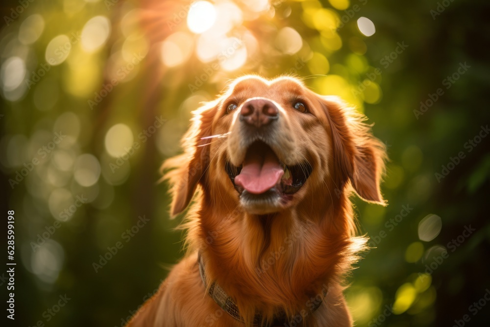 a golden retriever is looking up at the sun