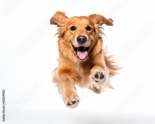 a golden retriever is jumping in the air