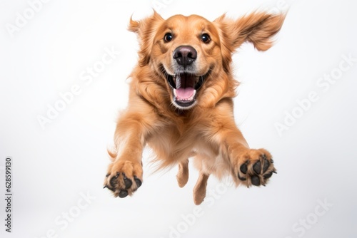 a golden retriever is jumping up in the air
