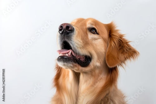 a golden retriever is looking up at the camera