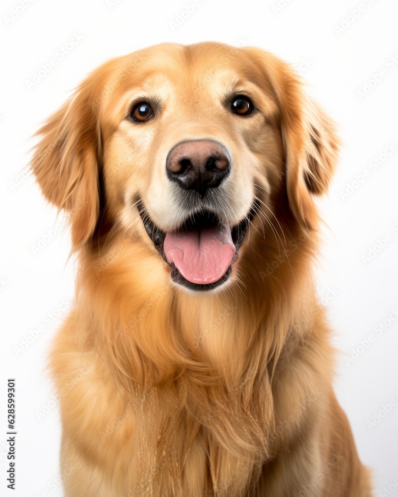 a golden retriever is smiling in front of a white background