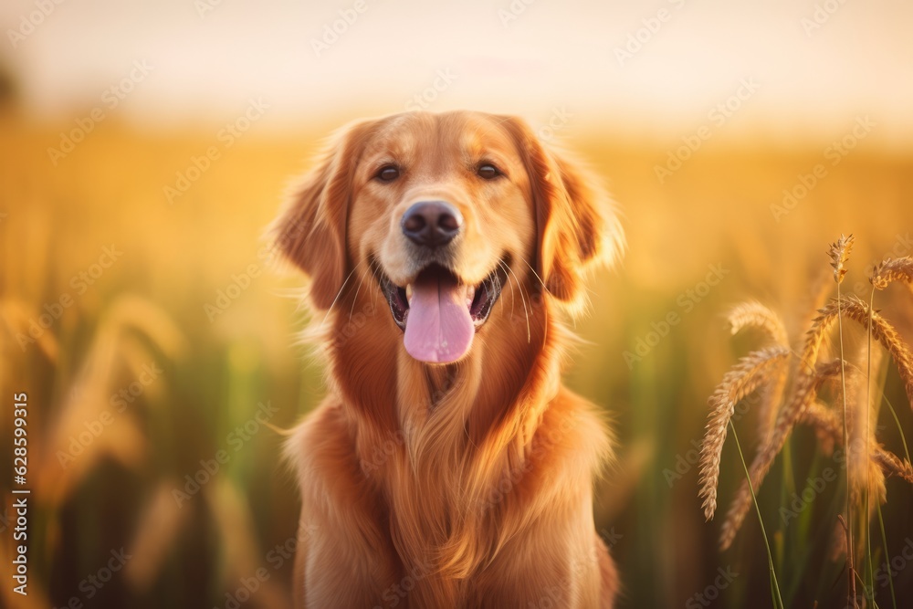 Obraz premium a golden retriever is standing in a field of tall grass