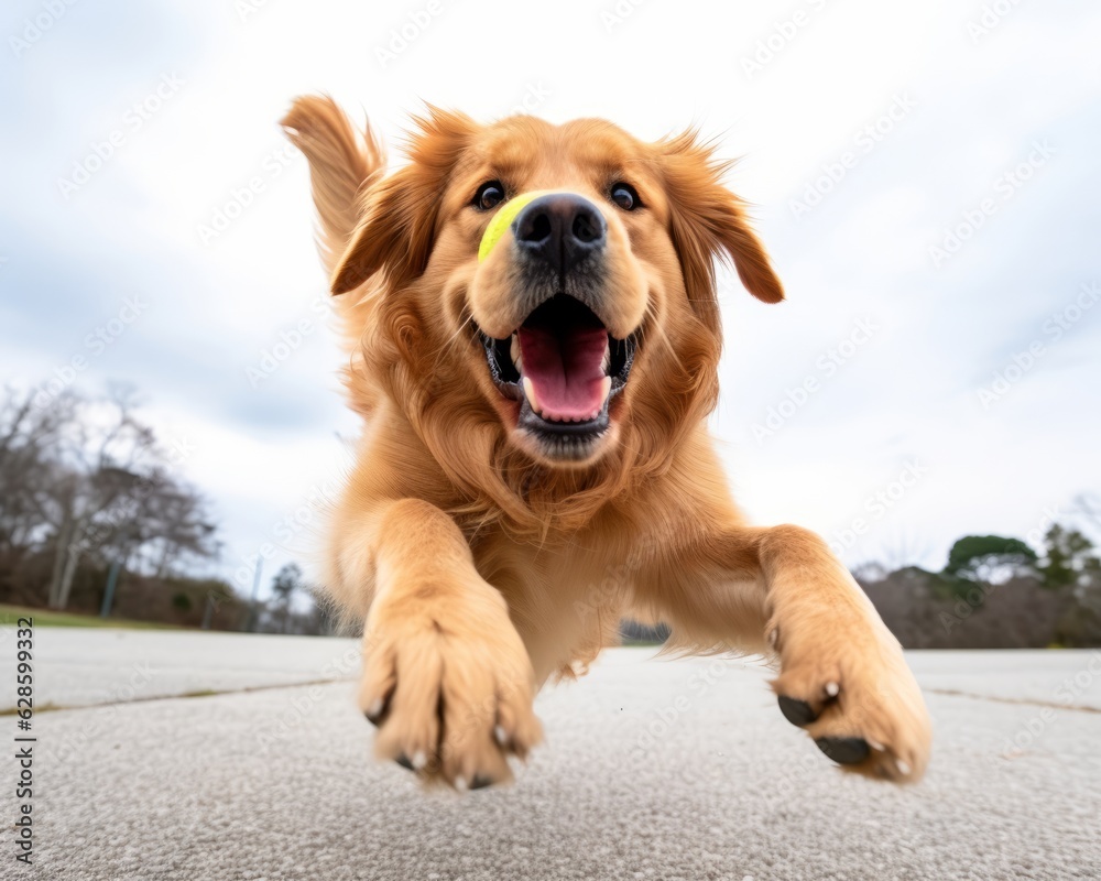 Fototapeta premium a golden retriever running with a tennis ball in its mouth