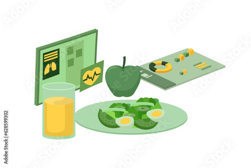 Vector illustration about Healthy diet and weight loss program concept. Isometric vector of a nutrition app showing nutrition facts and assisting in calories count of a meal. flat design for website