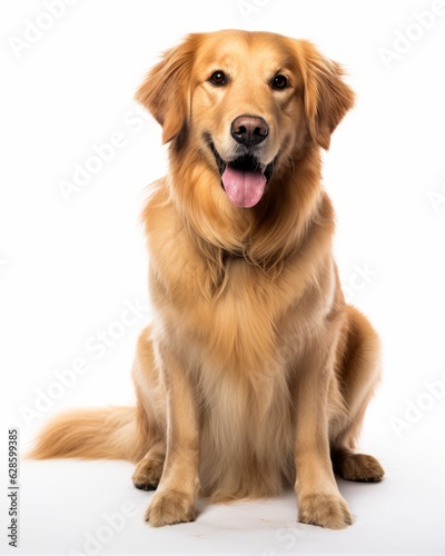 a golden retriever sitting in front of a white background