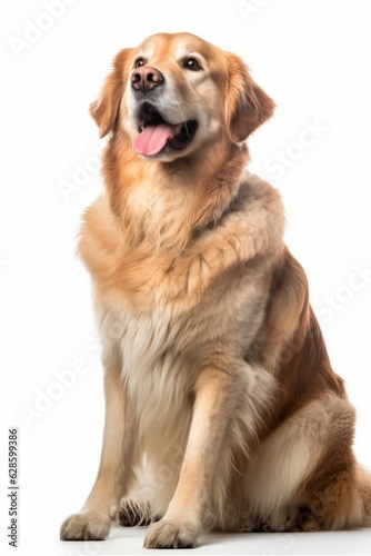 a golden retriever sitting down with its tongue out