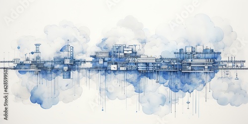 AI Generated. AI Generative. Abstract geometric factory pipeline industry drawing background in blue clouds. Graphic Art
