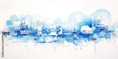 AI Generated. AI Generative. Abstract geometric factory pipeline industry drawing background in blue clouds. Graphic Art photo