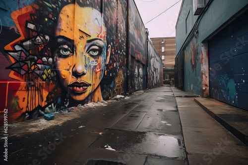 a graffiti covered alley with a womans face painted on the wall