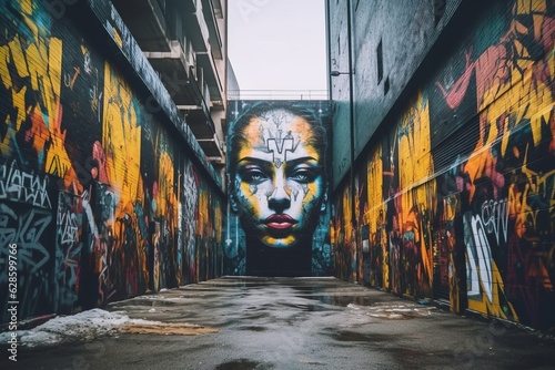 a graffiti covered alleyway with a womans face painted on it
