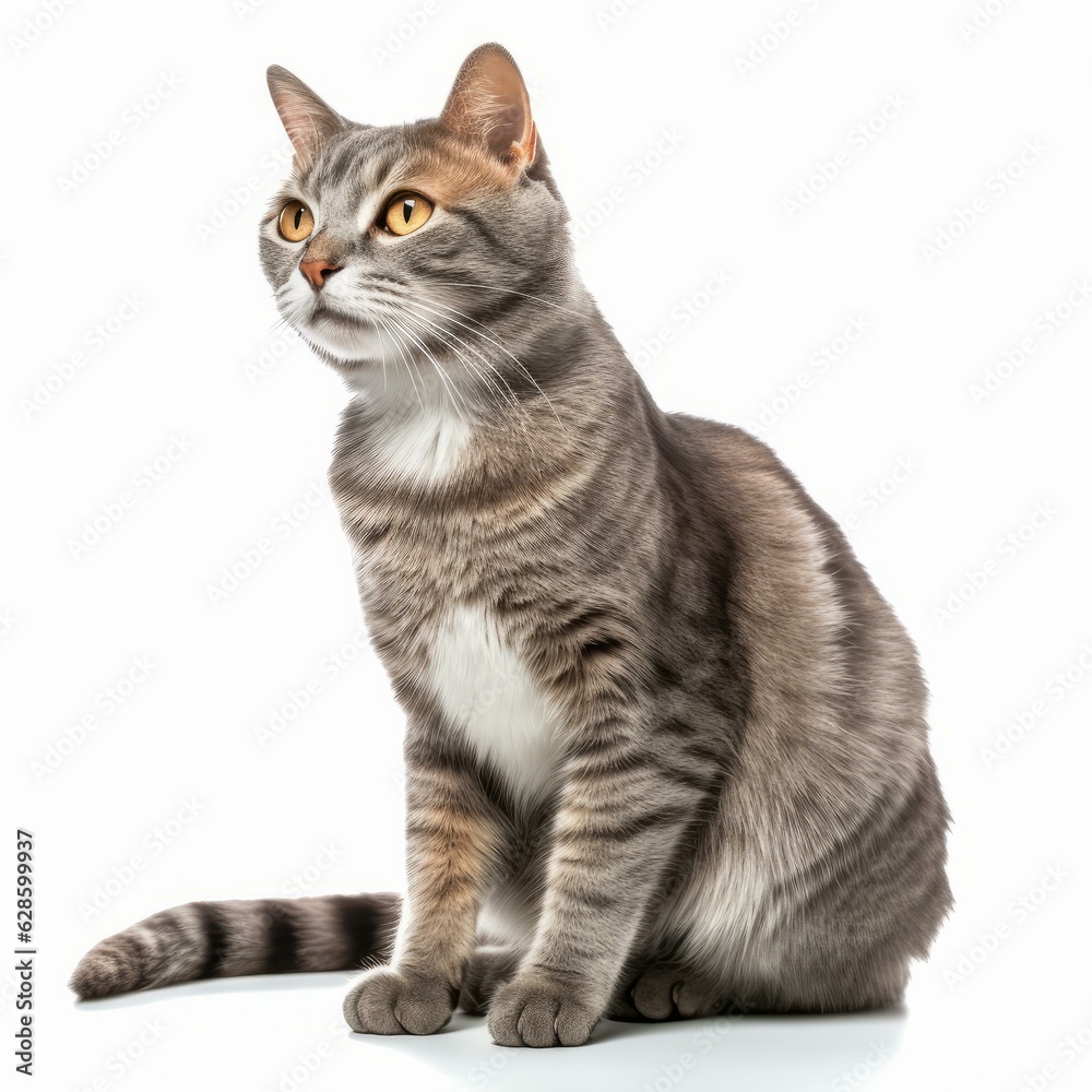 a gray cat sitting on a white background