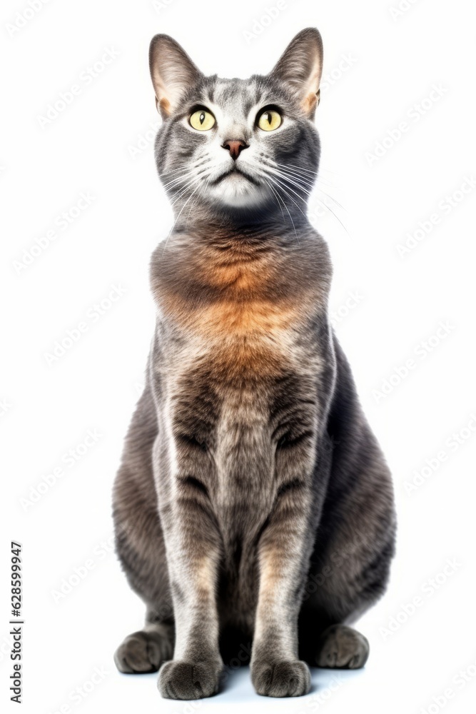a gray cat sitting on the ground looking up