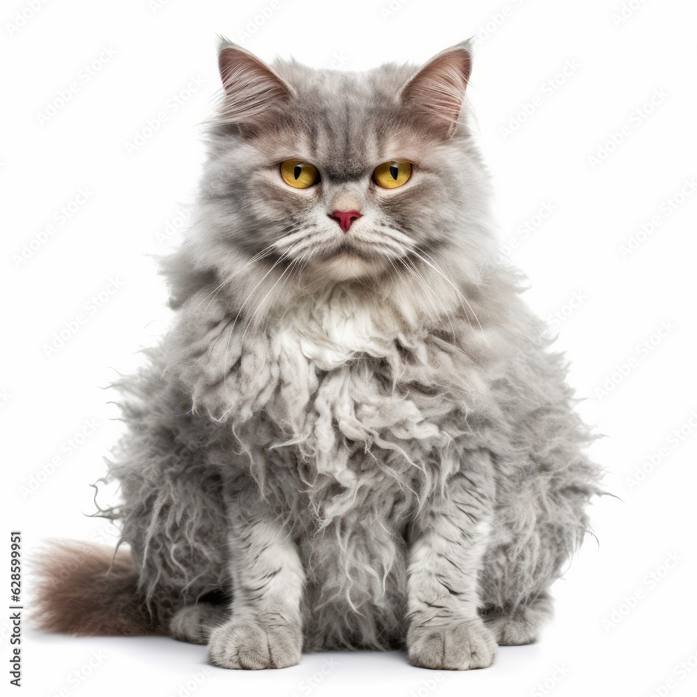 a gray cat with yellow eyes sitting down on a white background