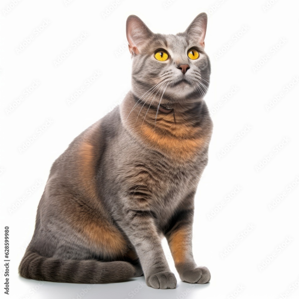 Fototapeta premium a gray cat with yellow eyes sitting on a white background