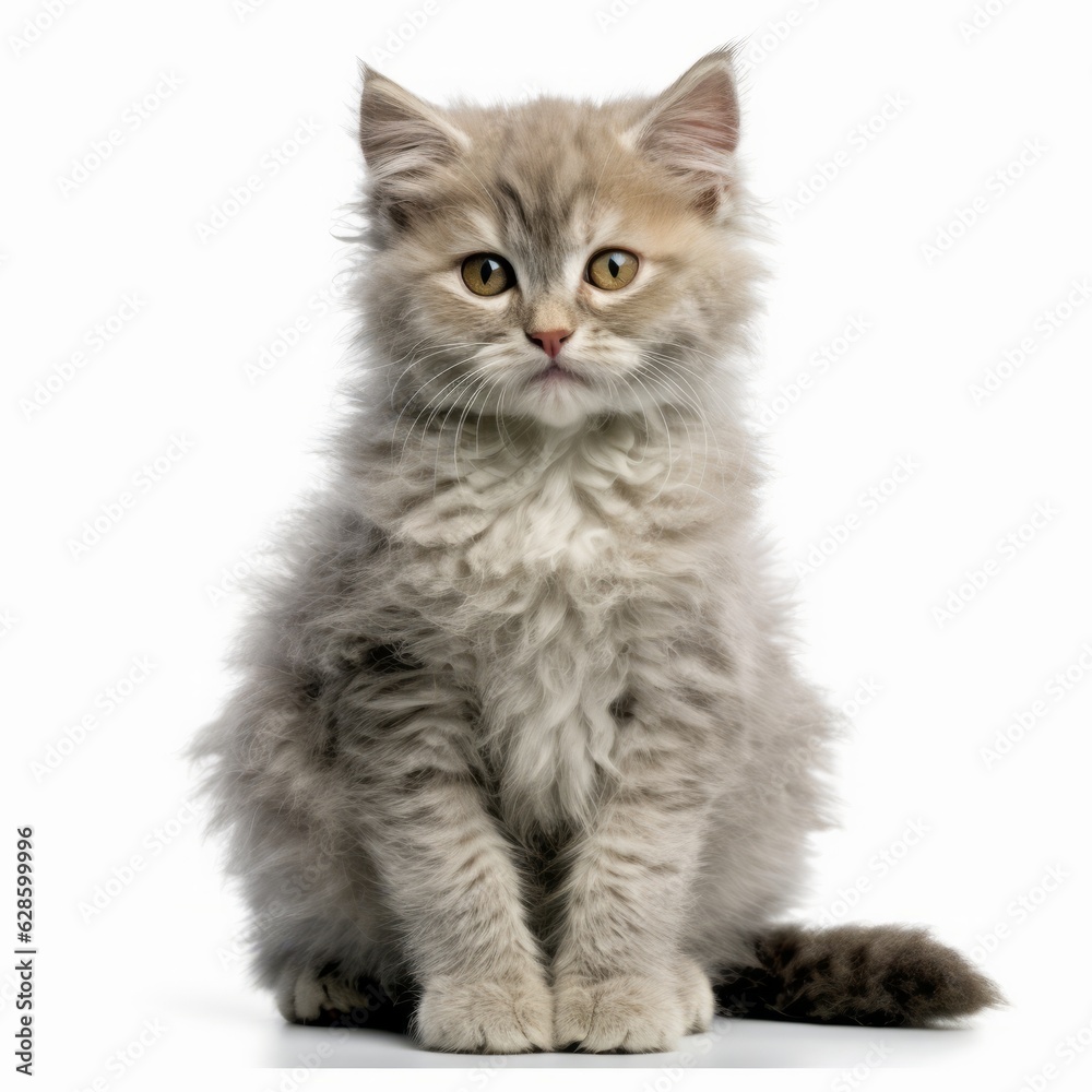 a gray kitten sitting in front of a white background