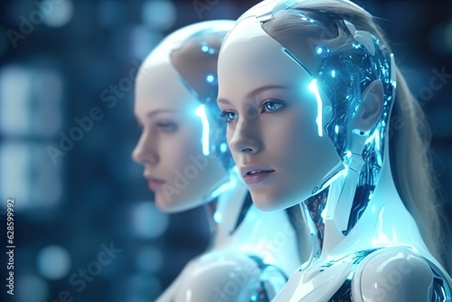 Holographic AI robot white skin with blue eyes face Ai Image Generated