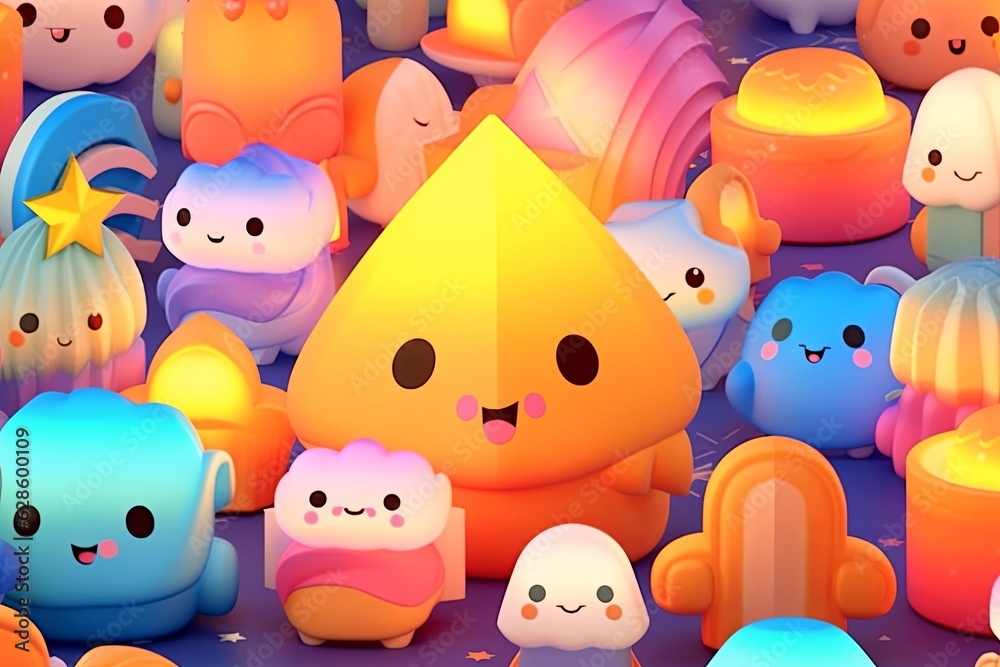 a group of colorful characters in front of a blue background