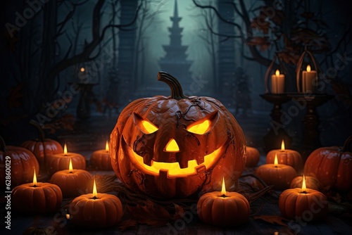 Halloween pumpkin head jack lantern with candles on dark background. Halloween concept.Generative Ai © Rudsaphon