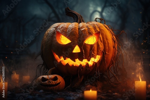 Halloween pumpkin head jack lantern with candles on dark background. Halloween concept.Generative Ai © Rudsaphon