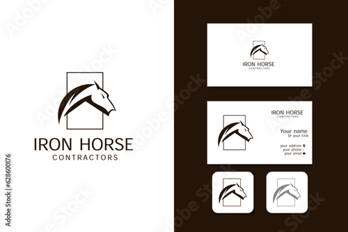 iron horse contractors logo design vector template and business card with editable text
