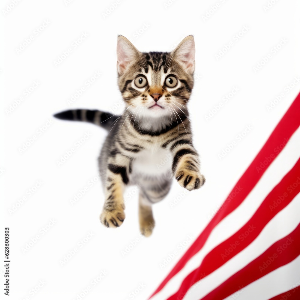a kitten is flying over an american flag