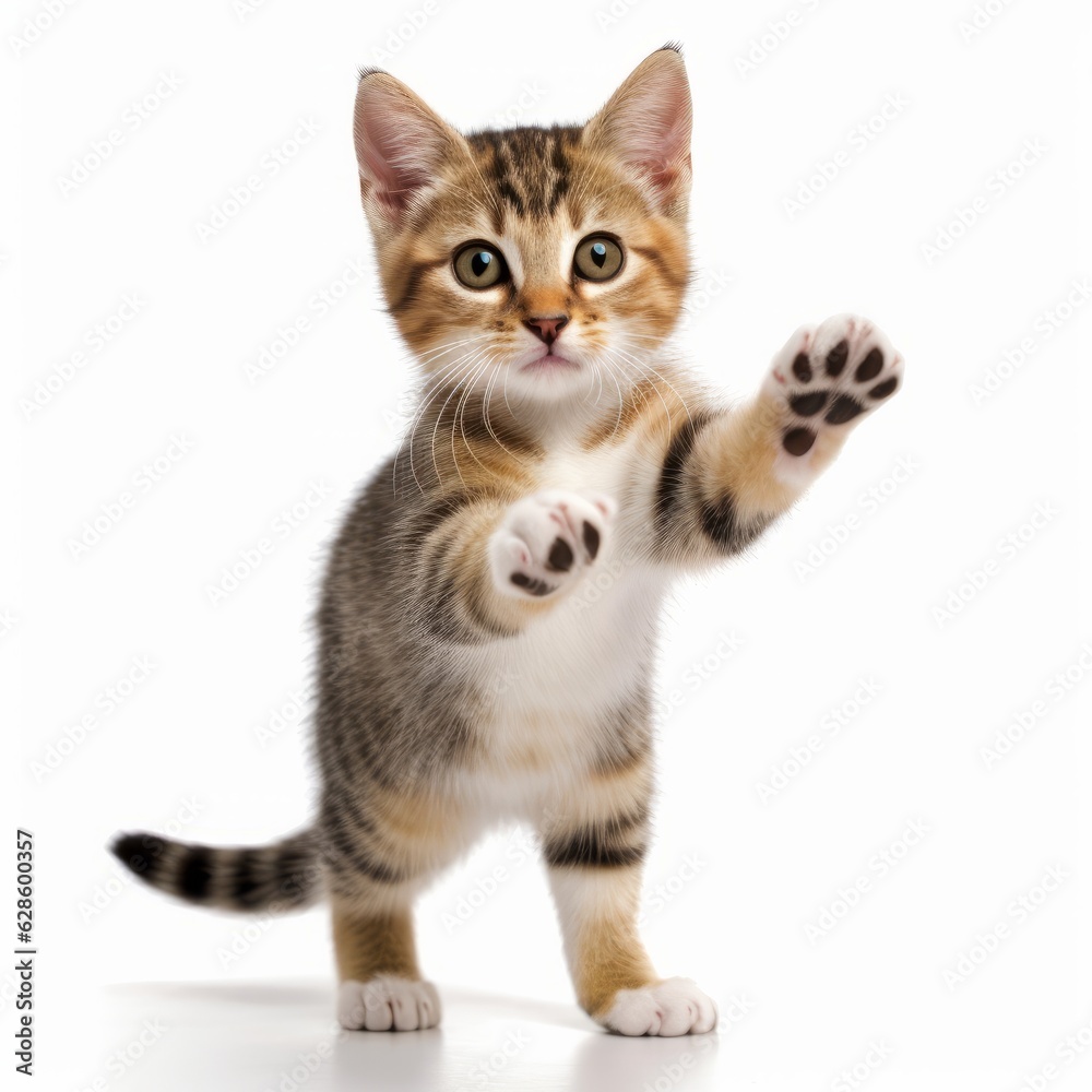 a kitten is standing on its hind legs with its paws up in the air a kitten is standing on its hind legs with its paws up in the air