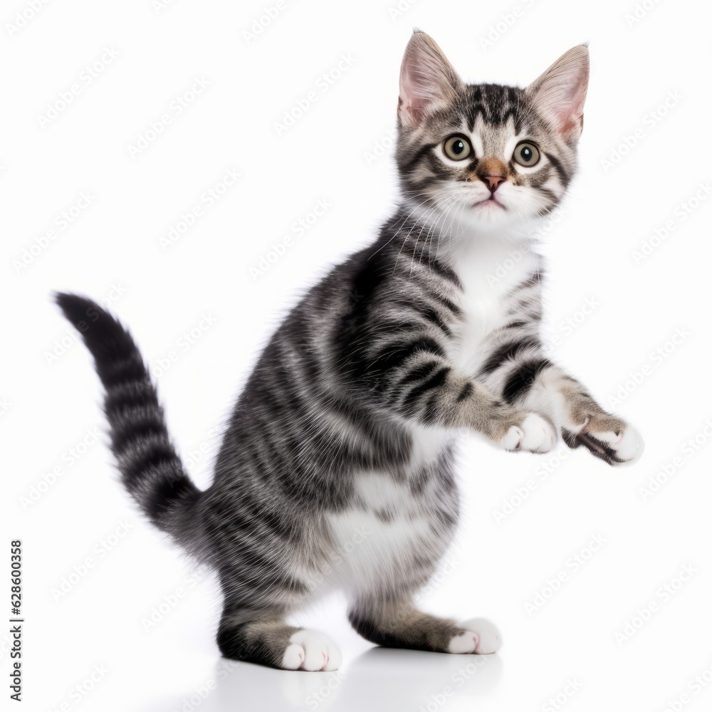 a kitten is standing up on its hind legs