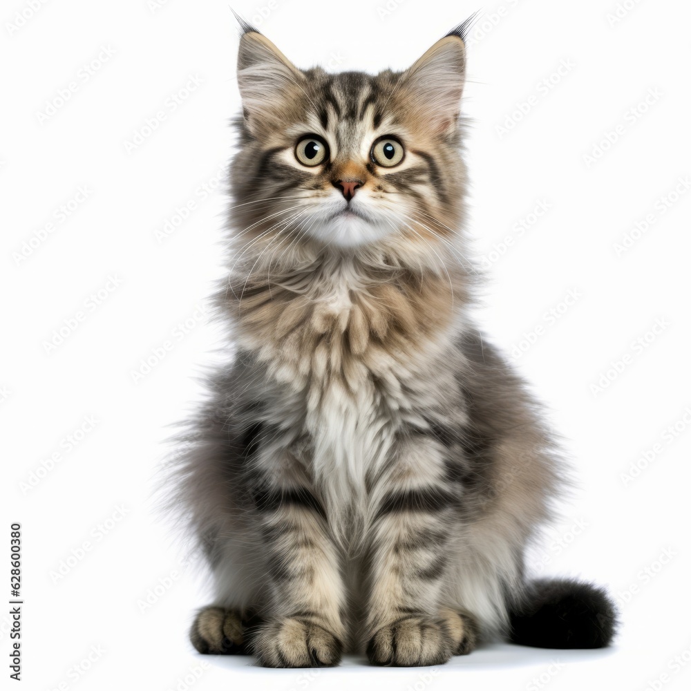 a kitten sitting in front of a white background