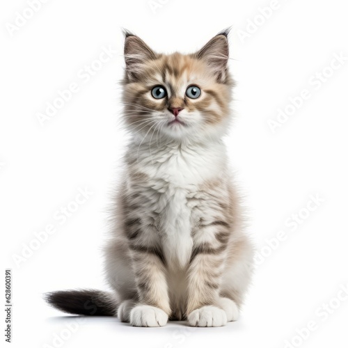 a kitten sitting on a white background with blue eyes