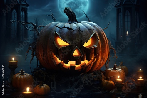 Halloween pumpkin head jack lantern with candles on dark background. Halloween concept.Generative Ai