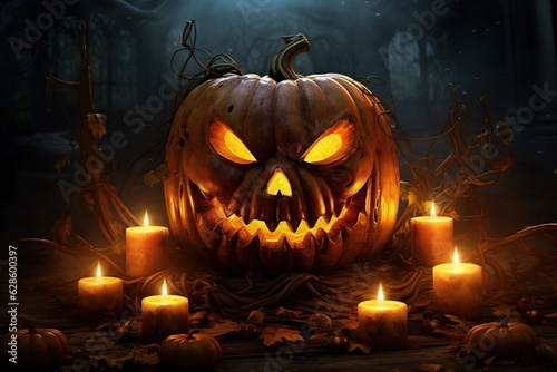 Halloween pumpkin head jack lantern with candles on dark background. Halloween concept.Generative Ai