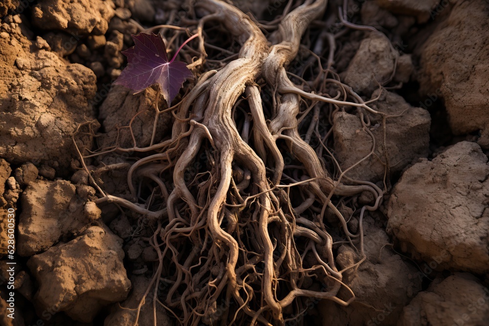 Grapevine tree roots in sandy soil. Viticulture concept background Grapevine tree roots in sandy soil. Viticulture concept background