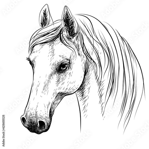 Horse. Graphic, monochrome drawing of an Arab horse in sketch style on a white background. Digital vector graphics.