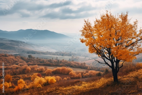 a lone tree in the middle of an autumn landscape