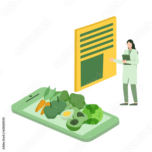 Nutrition consulting, diet plan. Isometric Healthy food and Diet planning concept. Healthy eating, personal diet or nutrition plan from dieting expert. Online diet program vector illustration