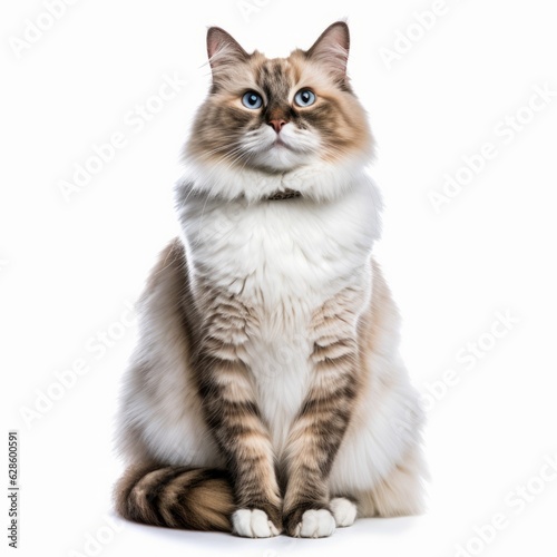 a long haired cat sitting down on a white background