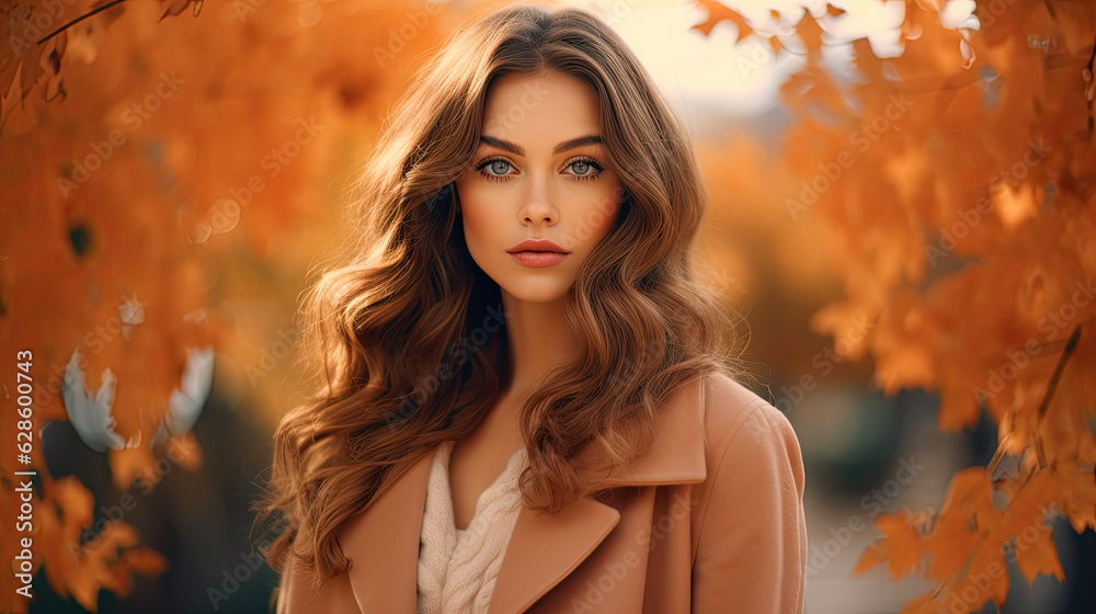 a caucasian woman model front view facing the camera . scene in autumn park a caucasian woman model front view facing the camera . scene in autumn park