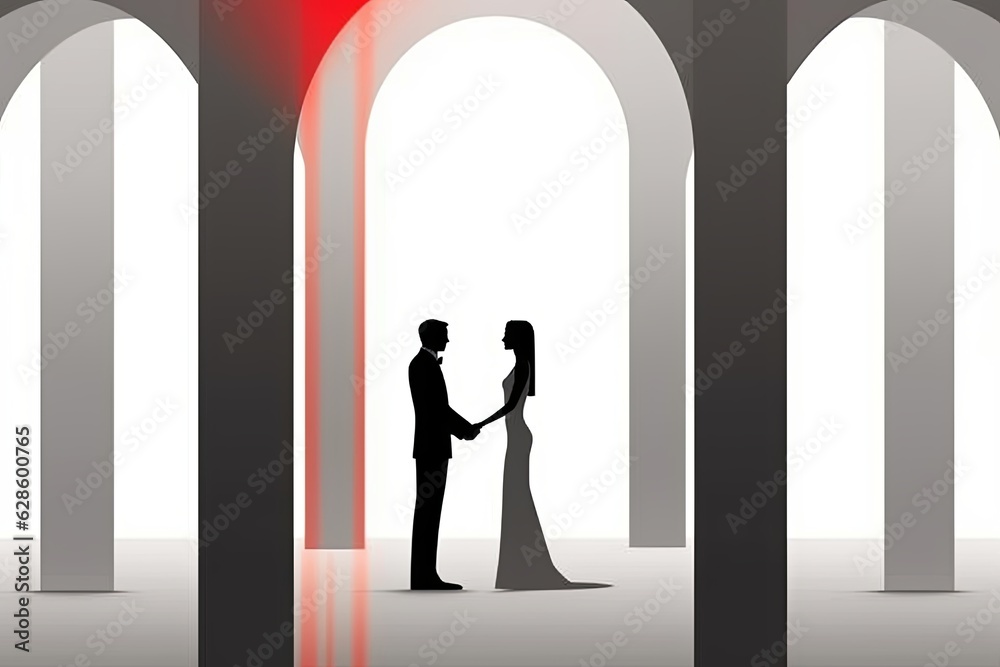 a man and woman standing in front of an archway with a red light