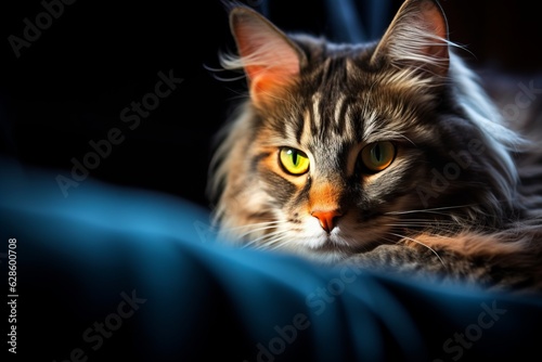 a long haired cat with bright yellow eyes