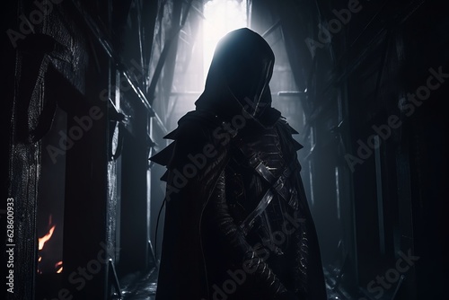 a man in a hood standing in a dark hallway