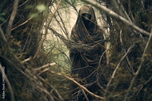a man in a hooded robe is standing in the woods
