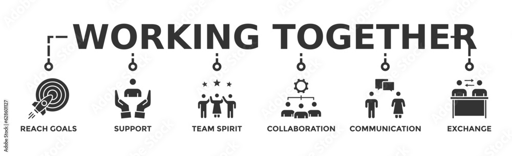 Working together banner web icon vector illustration concept for team management with an icon of collaboration, reach goals, team spirit, support, communication, and exchange Working together banner web icon vector illustration concept for team management with an icon of collaboration, reach goals, team spirit, support, communication, and exchange
