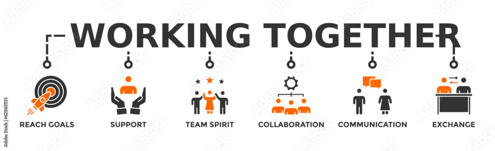 Working together banner web icon vector illustration concept for team management with an icon of collaboration, reach goals, team spirit, support, communication, and exchange Working together banner web icon vector illustration concept for team management with an icon of collaboration, reach goals, team spirit, support, communication, and exchange