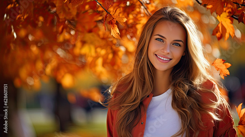 a caucasian woman model front view facing the camera . scene in autumn park