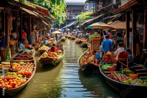 Obraz na plátne Floating Market Damnoen Saduak in Thailand Generative AI